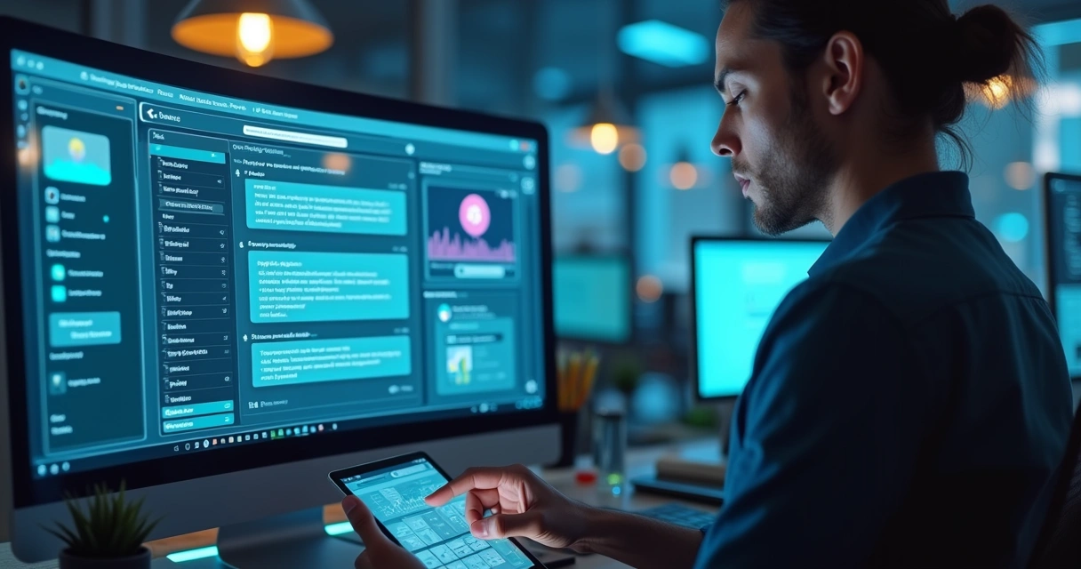 Ambiente moderno de atendimento com tecnologia, exibição de CRM, chatbot e canal de feedback.