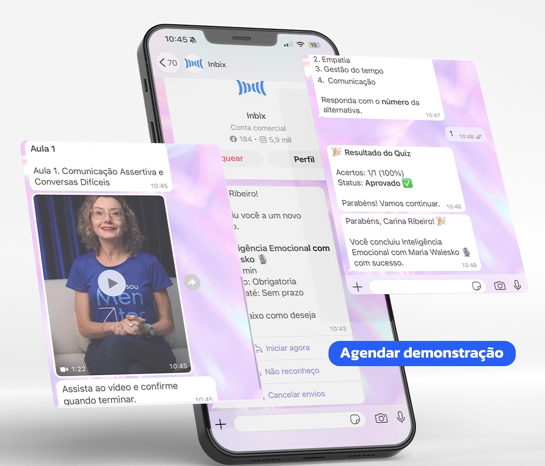 Telas de celular com uma aula em vídeo e o resultado aprovado de um quiz dentro do WhatsApp