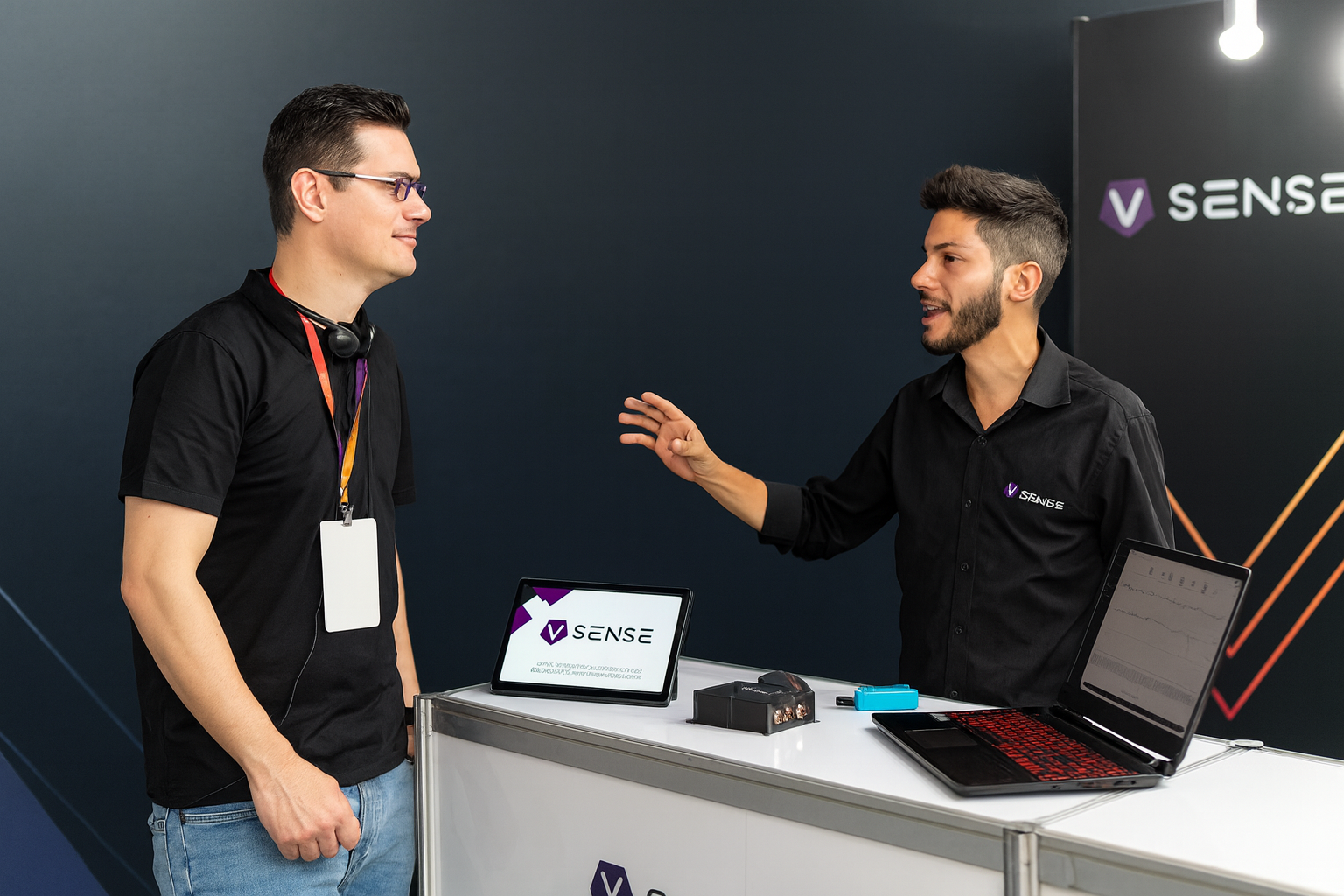 Dois profissionais conversando no estande de uma empresa de tecnologia
