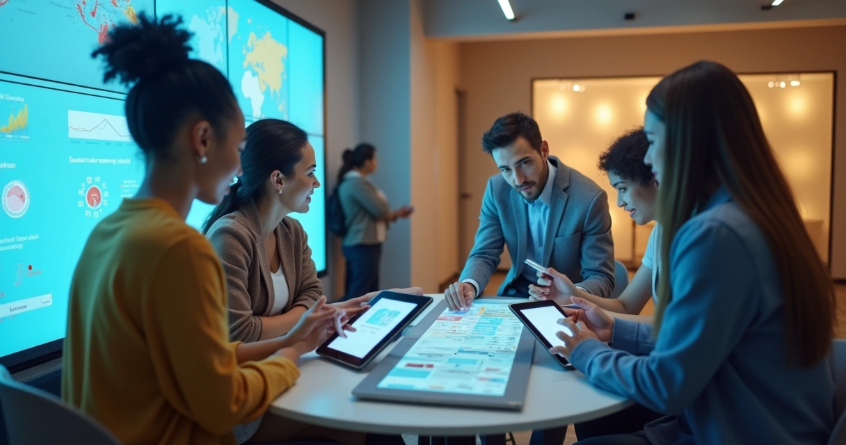 Novos colaboradores usando tablets, interagindo em um onboarding digital e personalizado 