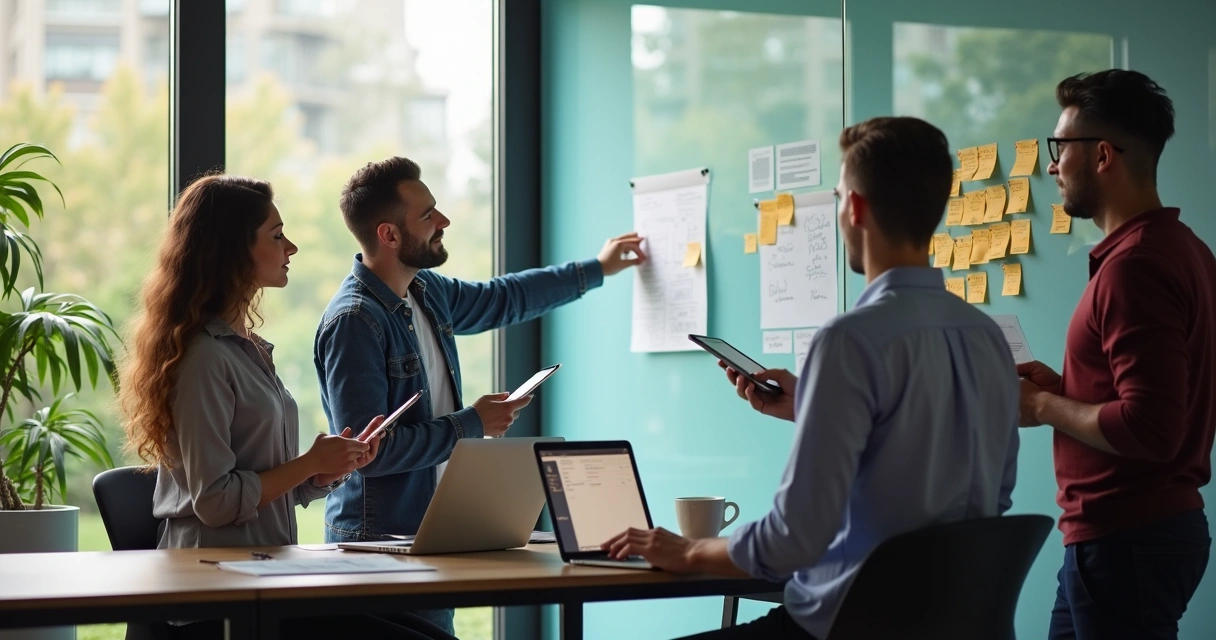 Equipe de operações planejando processos em coworking 