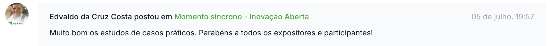 Comentário de aluno na plataforma sobre o momento síncrono de inovação aberta