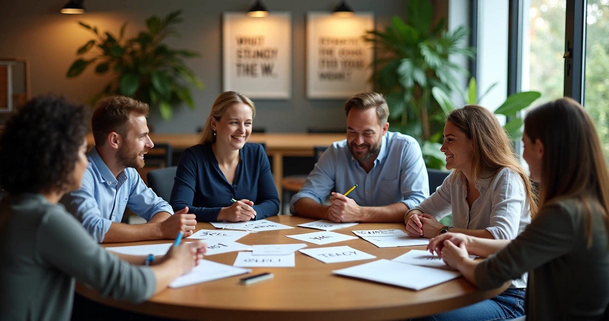 Equipe corporativa em círculo realizando dinâmica colaborativa. 