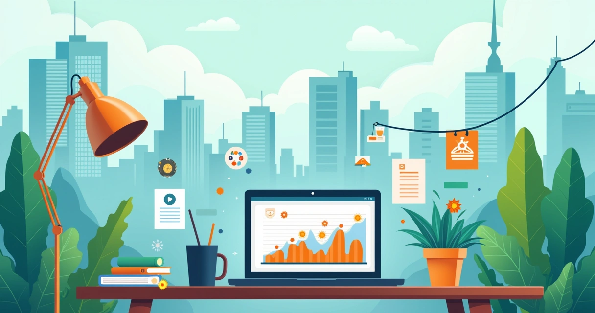 Mesa de trabalho com laptop, gráficos e bandejas de franquias em uma cidade, simbolizando estratégias de marketing local e tecnologia.