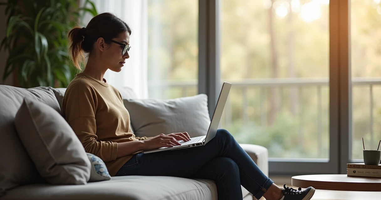 Colaborador em trabalho remoto usando notebook em ambiente moderno. 