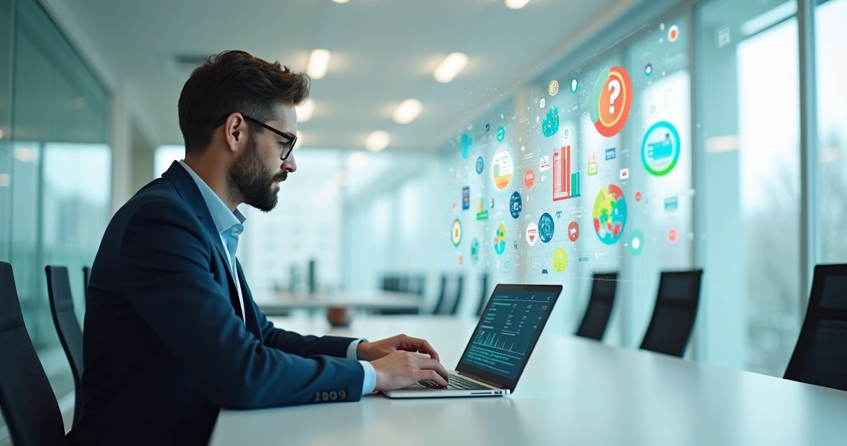 Profissional usando IA para gerar relatório de treinamento em notebook. 