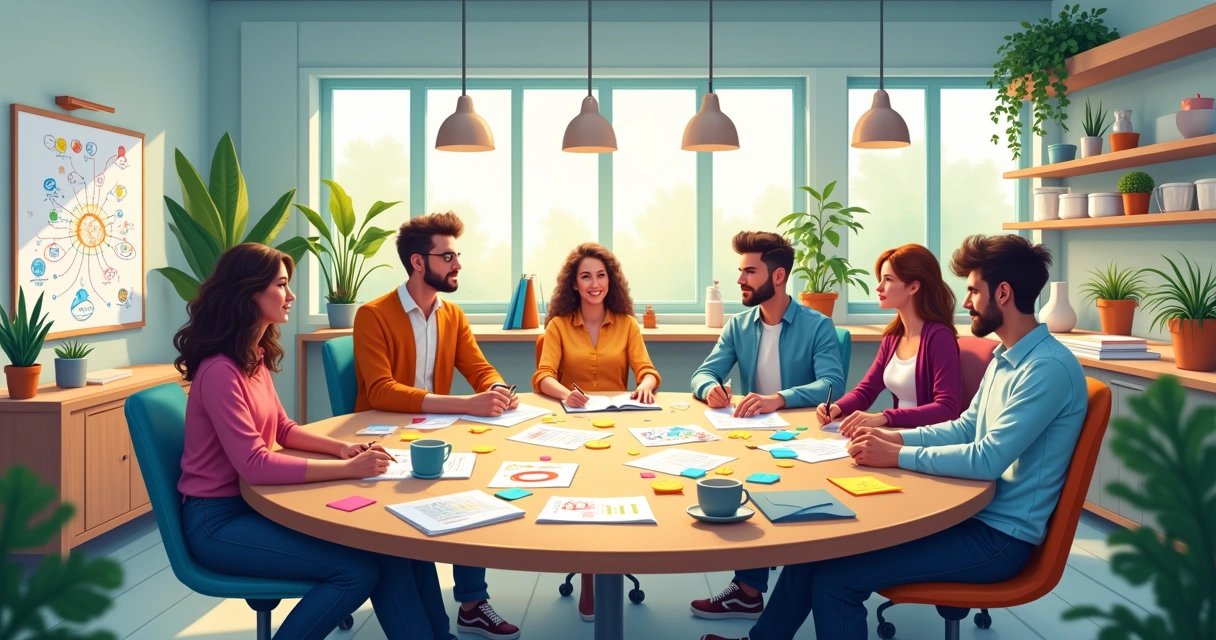 Espaço de trabalho inovador com equipe diversa brainstorming em mesa redonda.