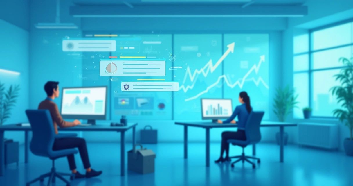 Ambiente de escritório moderno mostrando inteligência artificial em operações com chatbots e análises.