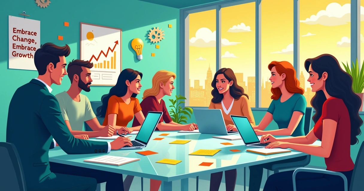 Grupo diversificado de profissionais em uma sala iluminada discutindo aprendizado e adaptação.