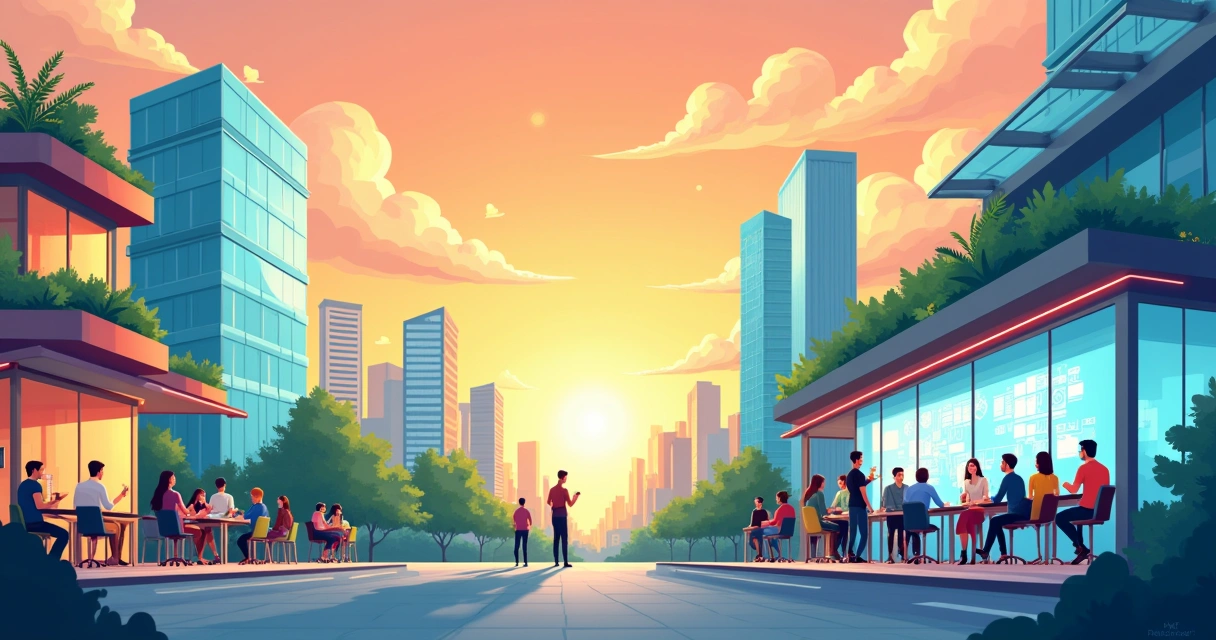 Ambiente urbano vibrante com profissionais em brainstorm e inovações, prédios imponentes e consumidores satisfeitos.