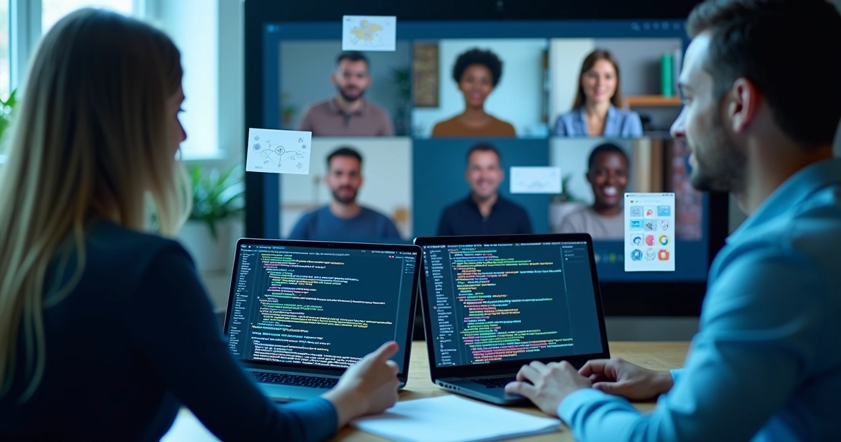 Reunião virtual de pessoas colaborando em projetos open-source 