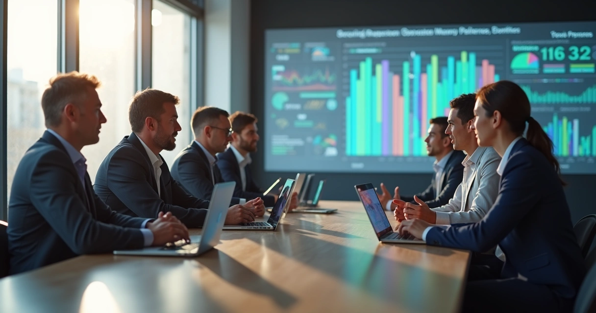 Consultor conversa com líderes empresariais em uma sala moderna 