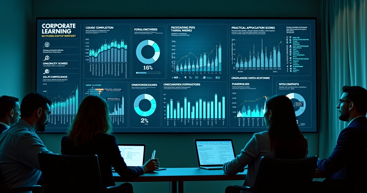 Dashboard digital mostra métricas de desempenho em aprendizagem corporativa 