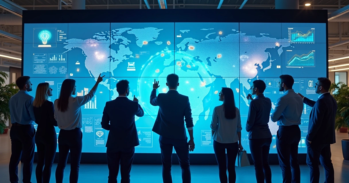Painel digital com trilhas de aprendizado e IA no escritório 