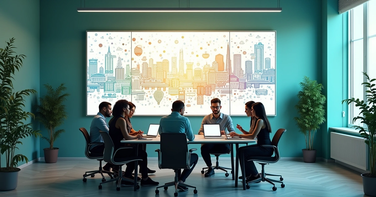 Equipe diversa discutindo inovação em escritório moderno, com tecnologia e gráfico na parede.