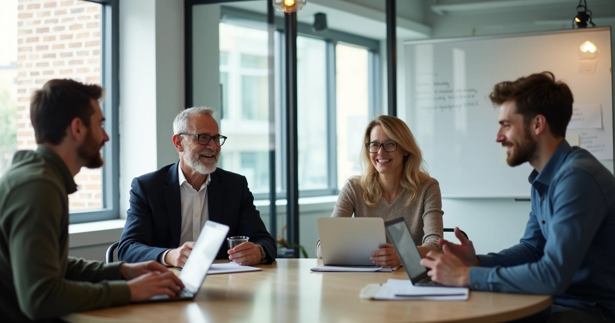 Colaboradores de diferentes gerações conversando em uma mesa de reunião 