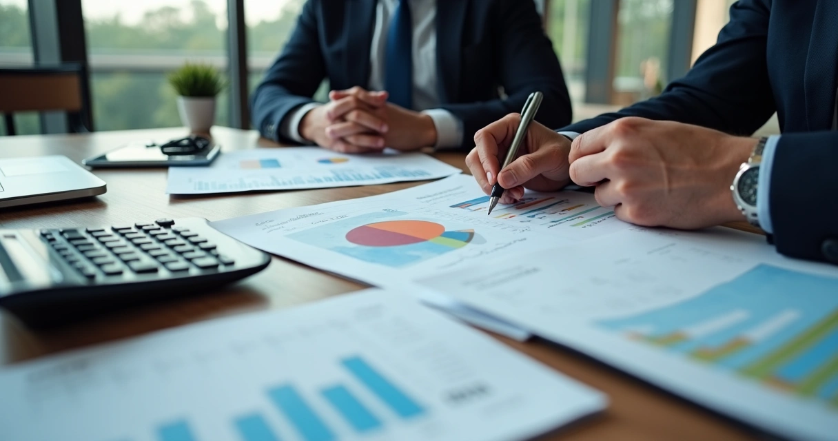 Calculadora e gráficos financeiros na mesa de reunião sobre IA corporativa 