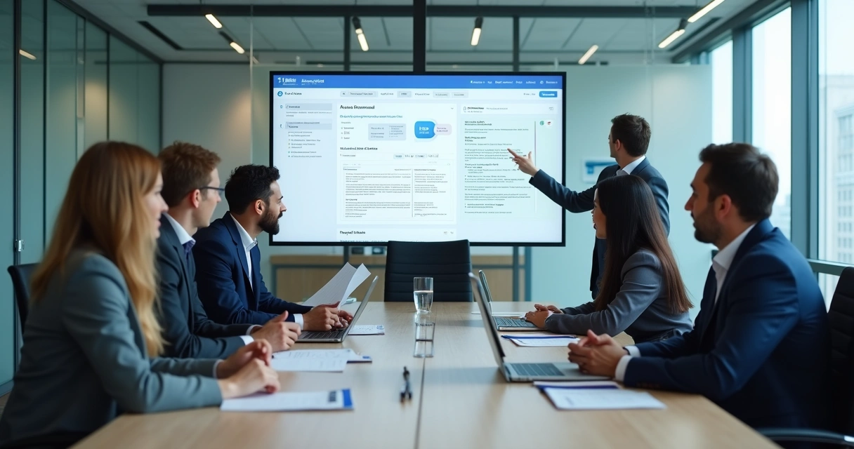 Equipe revisando respostas de IA em tela compartilhada 