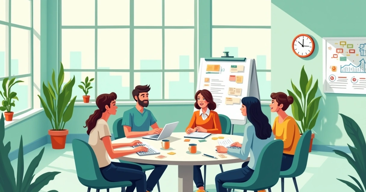 Ambiente de escritório moderno com funcionários diversos colaborando em um brainstorming criativo.