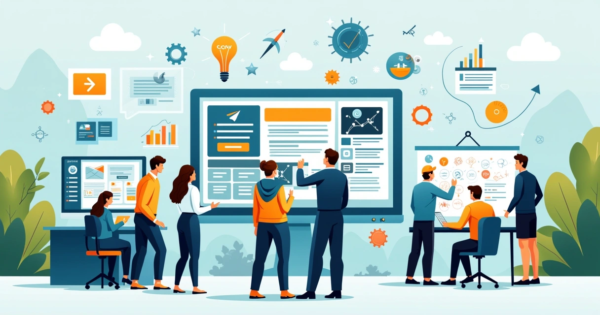 Ambiente corporativo mostrando inovações em produtos, processos, marketing e organização.