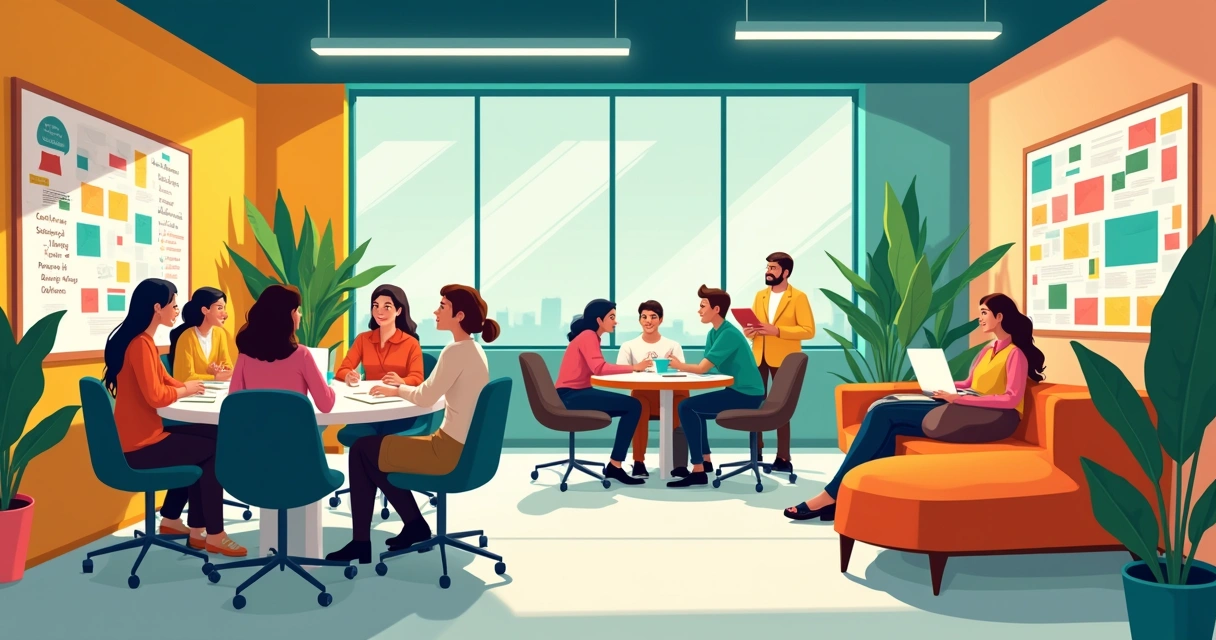 Ambiente de escritório vibrante, com colaboradores trocando ideias em um espaço aberto e criativo.